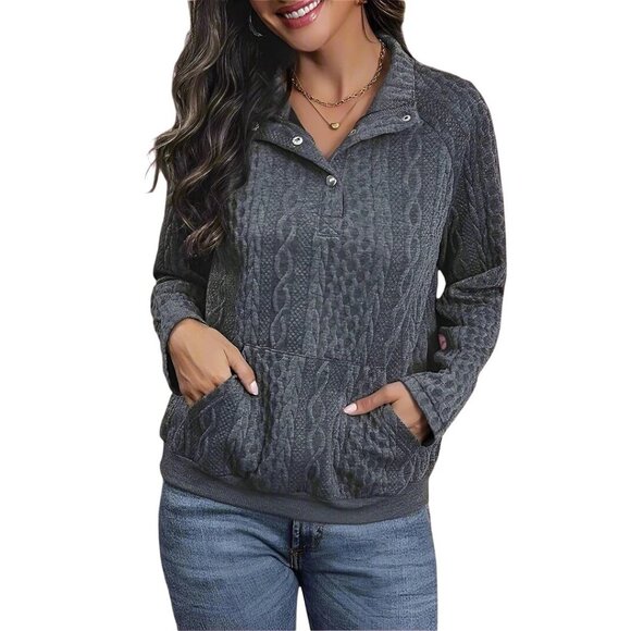 Gray Cable Knit Pullover Sweatshirt Women Size Medium Kangaroo Pocket Snaps NEW - Picture 1 of 10